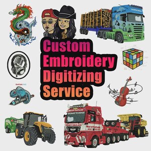 May include: A collection of embroidered designs featuring a green dragon, two cartoon characters, a logging truck, a microphone, a Rubik's cube, a chameleon, a violin, a tractor, and a red heavy haulage truck with the text Custom Embroidery Digitizing Service.