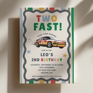 May include: A rectangular birthday invitation card featuring the text TWO FAST! and a race car with the number 2. The design includes stars, colorful stripes, and event details for Leo's 2nd birthday on Saturday, September 26 at 3:00 PM.