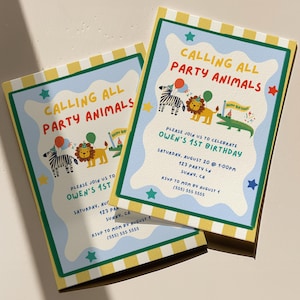 May include: Two rectangular birthday party invitations with yellow and white striped borders. The center features a light blue wavy shape with illustrations of a zebra, lion, and alligator wearing party hats, plus the text Calling All Party Animals.