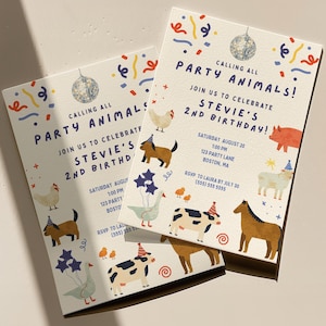 May include: Two white rectangular birthday invitation cards featuring colorful illustrations of farm animals wearing party hats, a disco ball, and confetti. The text reads: Calling all party animals! Join us to celebrate Stevie's 2nd birthday.