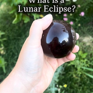 Könnte beinhalten: Ein glatter, dunkler, kugelförmiger Stein in einer Handfläche mit reflektierender Oberfläche. Der Text "What is a Lunar Eclipse?" ist in weißer Serifenschrift über der Kugel eingeblendet, vor einem unscharfen Hintergrund aus Grün und Blumen.