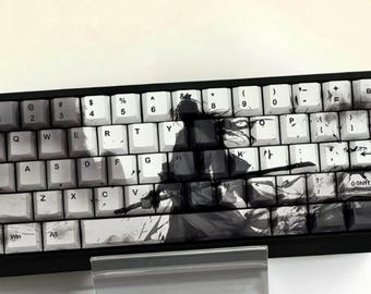 Japanese Samurai Keycap Set, Black White PBT Cherry Profile Keycaps, Custom Mechanical Keyboard Keycaps for MX Switches