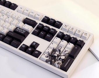 Anime Japanese Keycap Set, Black White PBT Cherry Profile Keycaps for Mechanical Keyboard, Custom Aesthetic Keyboard Keycaps