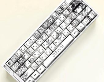 Japanese Keycap Set, Black White PBT Cherry Profile Keycaps, Custom Keyboard Keycaps, Gothic Floral Mechanical Keyboard Keycaps