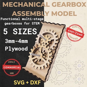 Puede incluir: Un modelo de ensamblaje de caja de cambios mecánica hecho de madera contrachapada clara con dos engranajes entrelazados en una base rectangular. La imagen incluye el texto: MECHANICAL GEARBOX ASSEMBLY MODEL, 5 SIZES, 3mm-4mm Plywood, SVG + DXF, KERF-COMP CERTIFIED y FULLY COMMERCIAL USE.