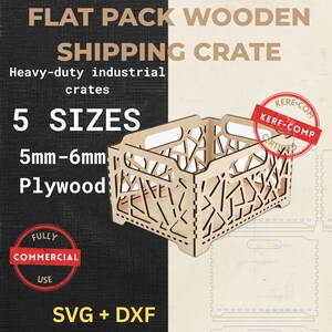 Modello di file SVG DXF per taglio laser di casse di spedizione in legno assemblate, per compensato da 5 mm a 6 mm / Licenza commerciale