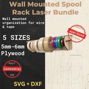 以下が含まれることがあります： ワイヤーおよびテープ用の壁掛け式スプールラックレーザーバンドル。5mm〜6mmの合板に対応する5つのサイズ。ラックにはベージュ、赤、青、緑、茶色のテープロールが収納されています。SVGおよびDXFファイルが含まれ、Kerf-Comp認定スタンプが押されています。