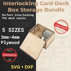 Könnte beinhalten: Eine ineinandergreifende Aufbewahrungsbox aus hellem Holz für Kartenstapel mit Schiebedeckel, die einen Stapel Spielkarten enthält. Das Bild enthält Text: Interlocking Card Deck Box Storage Bundle, 5 SIZES, 3mm-4mm Plywood, SVG + DXF, KERF-COMP CERTIFIED und FULLY COMMERCIAL USE.