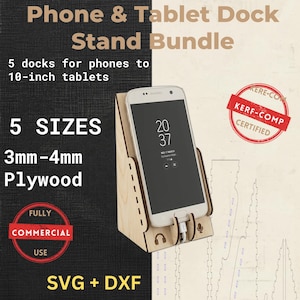 Dockningsställ för telefon och surfplatta, SVG DXF, laserskuren fil | 5 storlekar | 3 mm-4 mm plywood, CNC-vektorgrafik
