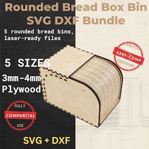 Puede incluir: Un paquete de archivos digitales para una panera redondeada, con formatos SVG y DXF para corte láser. El diseño incluye 5 tamaños para madera contrachapada de 3mm-4mm, con texto que indica certificación kerf-comp y uso comercial.
