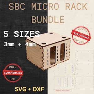 May include: A wooden SBC Micro Rack Bundle with the text "5 Sizes" and "3mm + 4mm". The image includes a fully assembled box and several flat, unassembled pieces. The design is labeled as SVG + DXF and certified by KERE-COMP.