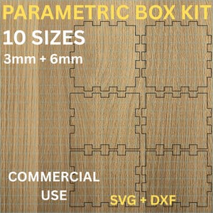 Puede incluir: Fondo de vetas de madera con un contorno negro de un diseño de kit de caja. El texto incluye "PARAMETRIC BOX KIT", "10 TAMAÑOS", "3mm + 6mm", "USO COMERCIAL" y "SVG + DXF". El diseño es para la construcción de cajas.