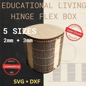 Pode incluir: Uma caixa flexível com dobradiças de madeira com uma parte superior curva e laterais ranhuradas verticais. O texto na imagem diz "EDUCATIONAL LIVING HINGE FLEX BOX", "5 SIZES", "2mm + 3mm", "FULLY COMMERCIAL USE" e "SVG + DXF". Um selo vermelho diz "KERF-COMP CERTIFIED".