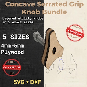 May include: A Concave Serrated Grip Knob Bundle featuring layered utility knobs in 5 exact sizes for 4mm-5mm plywood. The knob has a light wood-toned triangular shape with serrated edges and a metal bolt with a nut. Includes SVG and DXF files.