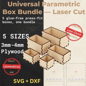 May include: A bundle of five light-colored wooden boxes with interlocking joints, designed for 3mm-4mm plywood. The image features text including Universal Parametric Box Bundle, 5 sizes, and SVG + DXF, with red circular stamps for Kerf-Comp and Commercial Use.