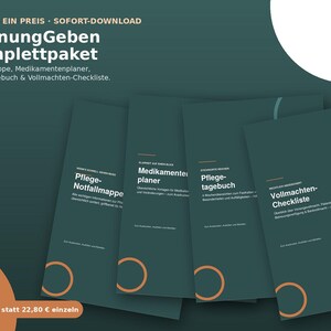 May include: A set of four dark green digital document templates titled OrdnungGeben Komplettpaket, including a Pflege-Notfallmappe, Medikamentenplaner, Pflegetagebuch, and Vollmachten-Checkliste, featuring white text and orange circular graphic accents.