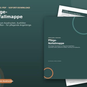 Peut inclure: Un dossier d'urgence de soins au format PDF numérique intitulé Pflege-Notfallmappe, comprenant 8 pages imprimables pour les aidants. La couverture vert foncé présente du texte blanc, un motif circulaire et des instructions de remplissage.