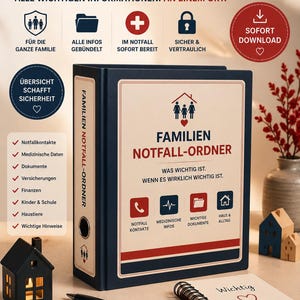 Pode incluir: Uma pasta azul marinho intitulada "FAMILIEN NOTFALL-ORDNER" com ícones para família, informações, emergência e segurança. A pasta inclui seções para contatos de emergência, dados médicos, documentos e finanças. Produto PDF digital.