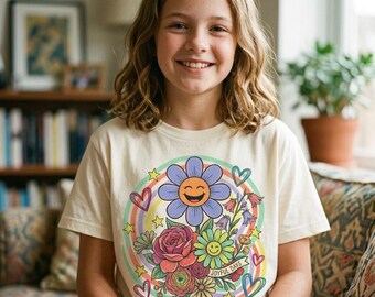 Joyful Days Flower PNG, Retro Smiley Floral Rainbow Clipart Digital Download