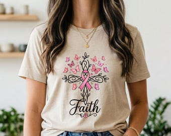 Faith Butterfly Pink Ribbon Breast Cancer Awareness PNG T-Shirt Design (Digital Download)