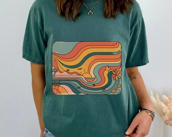 Retro Wavy Sunset PNG – Digital Download Vintage 70s Rainbow Landscape Digital Design File