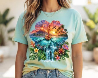 Tropical Sunset PNG Volcano Waterfall Floral Nature Island Landscape Sublimation Design Digital Download