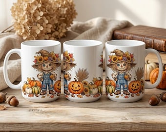 Scarecrow Pumpkin Mug Wrap PNG, Halloween Fall Sublimation Design, 11oz 15oz Coffee Cup Template