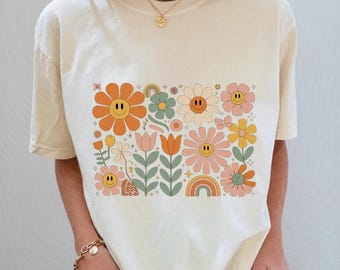 Retro Smiley Flower PNG Digital Download – Floral Rainbow Clipart for Sublimation