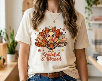 Grateful Blessed Turkey PNG Thanksgiving Fall Autumn Harvest Sublimation Design T-Shirt Digital Download
