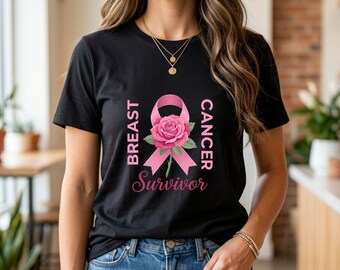 Breast Cancer Survivor Rose PNG Pink Ribbon Floral Inspirational Awareness Sublimation Design Digital Download