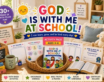 Puede incluir: Un paquete de actividades God Is With Me At School para niños de 3 a 6 años, que incluye un libro de espiral, hojas de trabajo, un certificado y una cesta. El set contiene páginas coloridas con ilustraciones de niños, Jesús y texto.