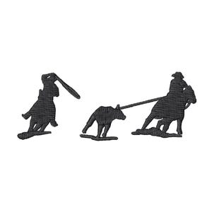 May include: Black silhouette embroidery of a rodeo scene on a white background. The image depicts a rider on a horse roping a steer, another rider, and a dog. The embroidery has a textured appearance.