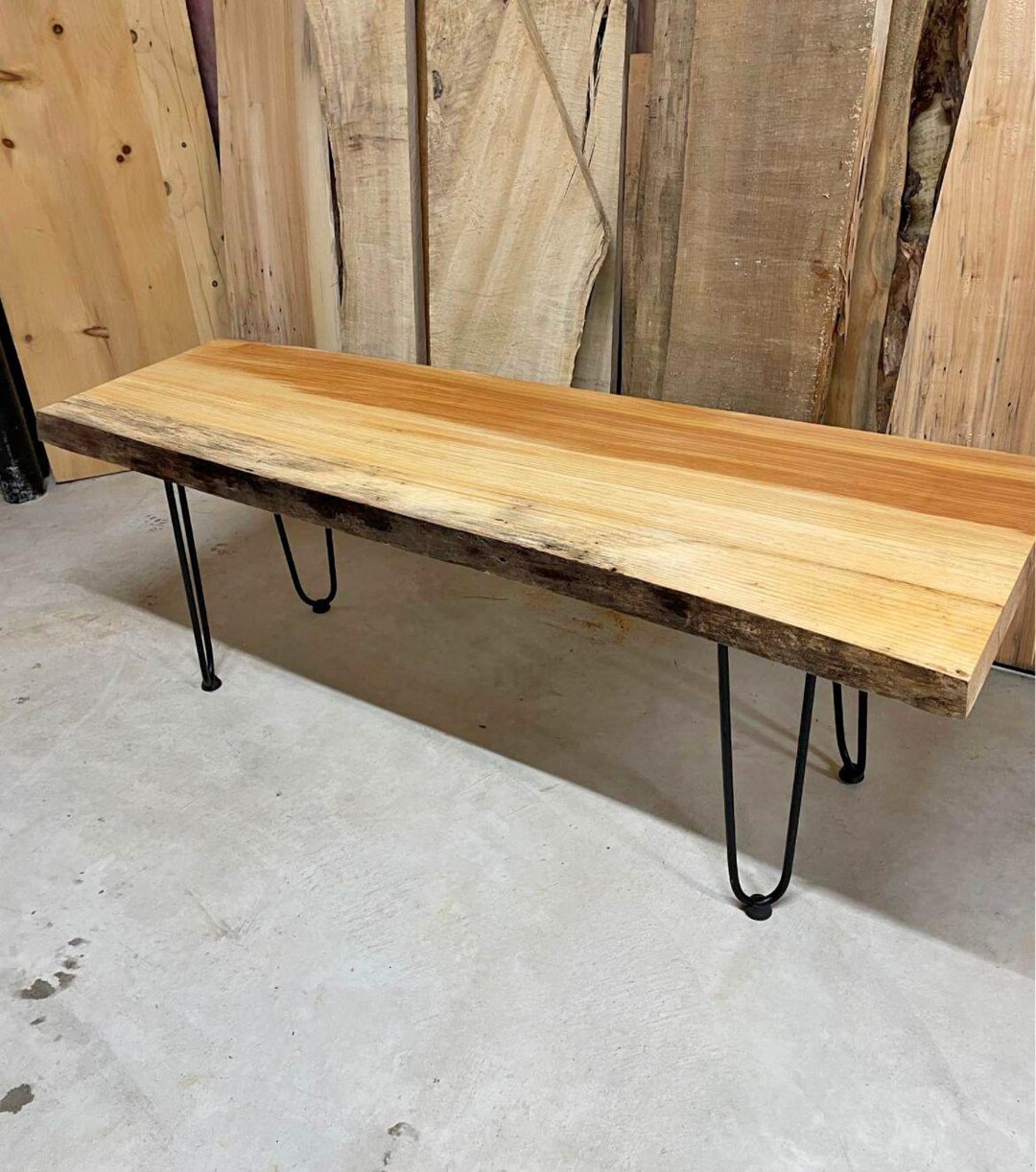 Live Edge Modern Natural Wood Bench With Hairpin Legs - Etsy