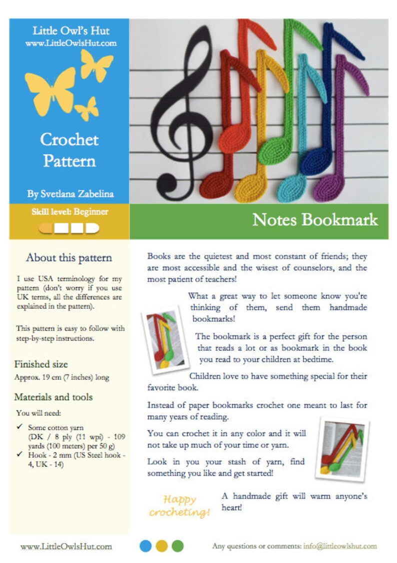 Handstream Notes Pattern Crochet Bookmark Patterns: 9 Patterns in 1 - Animals & Music Note ...