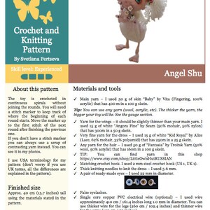 Puede incluir: Patr&oacute;n de crochet y tejido para una mu&ntilde;eca &aacute;ngel llamada Angel Shu. El patr&oacute;n incluye instrucciones para tejer el cuerpo, las alas, el vestido y el cabello de la mu&ntilde;eca. El patr&oacute;n tambi&eacute;n incluye una lista de materiales y herramientas necesarios para completar el proyecto. El patr&oacute;n est&aacute; escrito en ingl&eacute;s e incluye un enlace a la tienda donde se puede comprar la lana.