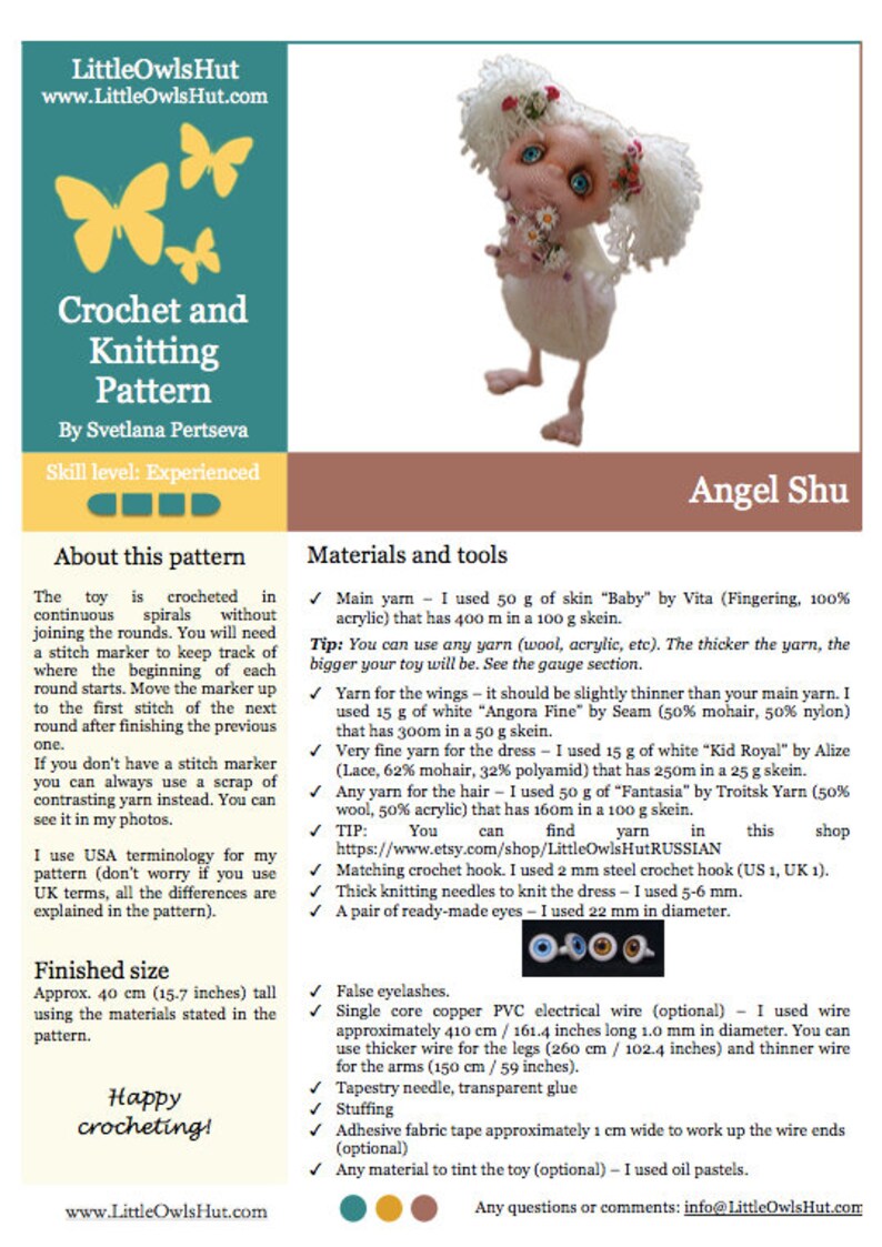 Puede incluir: Patr&oacute;n de crochet y tejido para una mu&ntilde;eca &aacute;ngel llamada Angel Shu. El patr&oacute;n incluye instrucciones para tejer el cuerpo, las alas, el vestido y el cabello de la mu&ntilde;eca. El patr&oacute;n tambi&eacute;n incluye una lista de materiales y herramientas necesarios para completar el proyecto. El patr&oacute;n est&aacute; escrito en ingl&eacute;s e incluye un enlace a la tienda donde se puede comprar la lana.