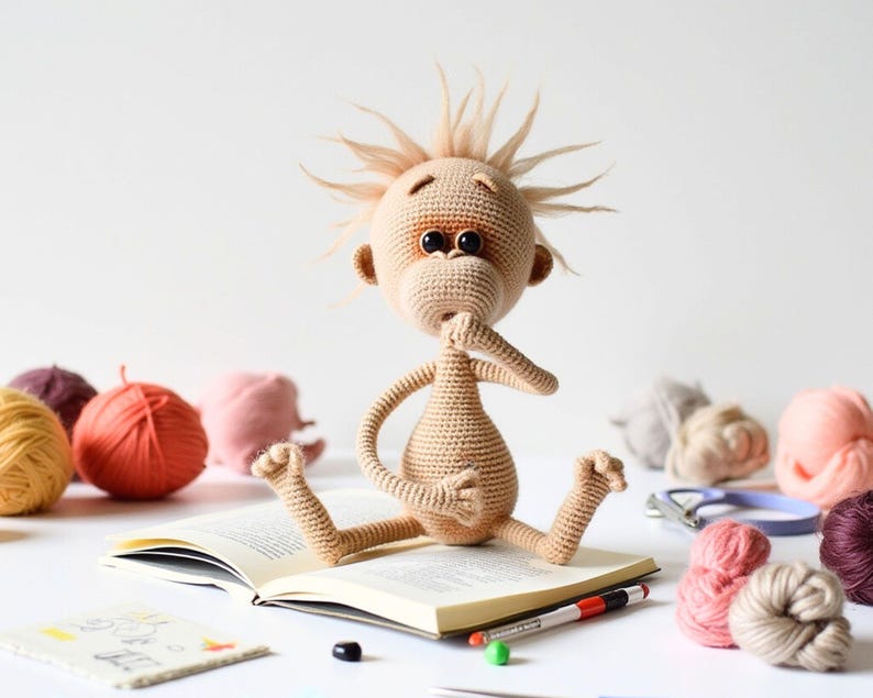 May include: A crocheted plush toy with brown yarn and large eyes. The toy is sitting on a book with a pencil and other yarn balls nearby.