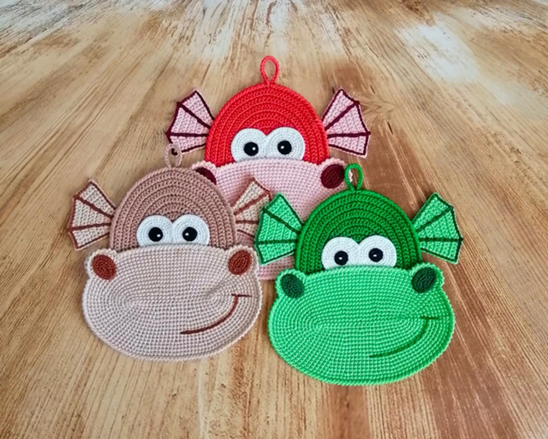 338 Easy Crochet Pattern - Dragon Dinosaur Decor, Applique, Potholder ...