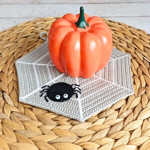 May include: A crocheted gray and white spiderweb pot holder with a black spider in the center. The pot holder is on a woven brown wicker surface with an orange pumpkin on top.