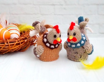 Modèle de tricot 187 Oeuf cosy poule, poulet et coq avec œufs
