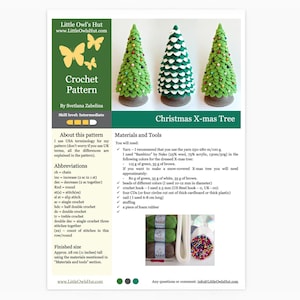 May include: Crochet pattern for a Christmas tree with instructions and materials list. The pattern uses green, white, and brown yarn and beads. The finished tree is approximately 28 cm tall.