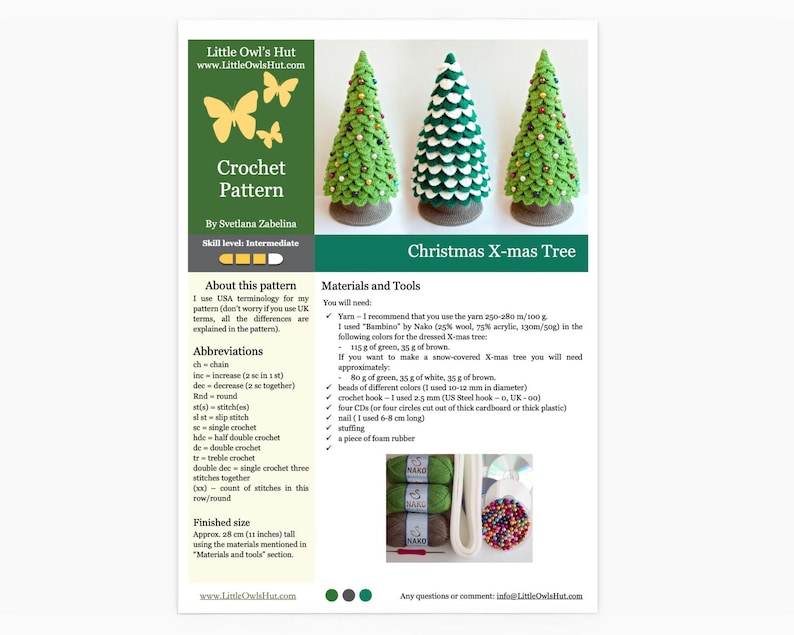 May include: Crochet pattern for a Christmas tree with instructions and materials list. The pattern uses green, white, and brown yarn and beads. The finished tree is approximately 28 cm tall.
