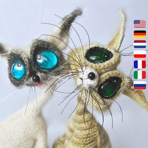 010 猫のかぎ針編みパターン - ワイヤーフレーム付きシャム猫 - ガラスの小石で作った大きな目（ドラゴンの目）の猫。あみぐるみPDFファイル Pertseva Etsy