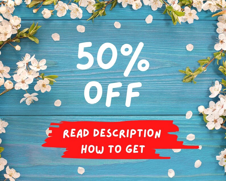 May include: A blue wooden background with white blossoms and a red banner that says "READ DESCRIPTION HOW TO GET" and white text that says "50% OFF".