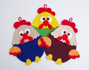 128 Chicken Crochet Pattern - Rooster or Hen Decor or potholder Chicken egg - Amigurumi PDF file by Zabelina Etsy