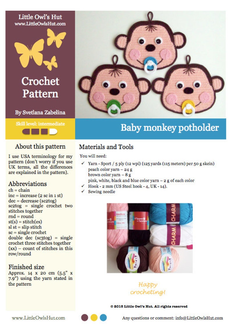 079 Crochet Pattern Baby monkey potholder or decor Amigurumi PDF file by Zabelina Etsy image 4