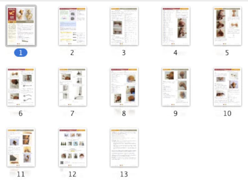 May include: A collection of 13 pages of instructions for creating a teddy bear. The pages include diagrams, illustrations, and written instructions. The instructions are for a teddy bear with a brown and white fur.
