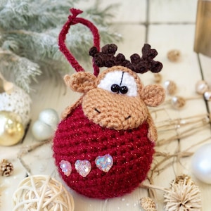 261 Reindeer on a bauble Crochet Pattern | Moos or Reindeer Christmas decor easy crochet tutorial Amigurumi PDF file by Knittoy Etsy