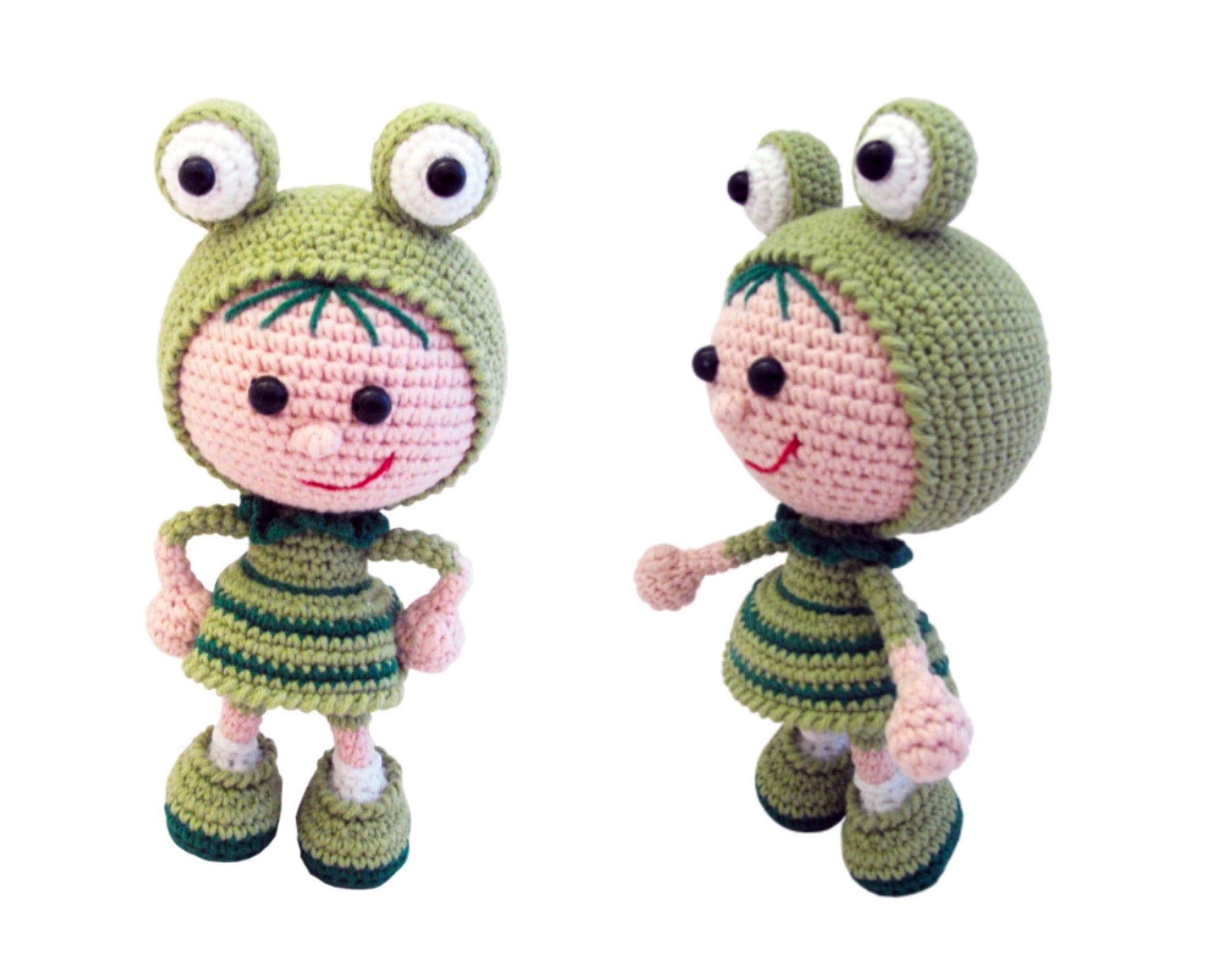 30 Frog and Toad Crochet Patterns for Plush Toys, Bags, Decor, and Gifts 3 Girl Doll in a Frog Outfit Crochet Pattern