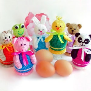 114 Knitting Pattern - Eggs Cozy 7 animals: Panda Rabbit Chicken Frog Bear Cat Pig - Amigurumi - by Zabelina Etsy